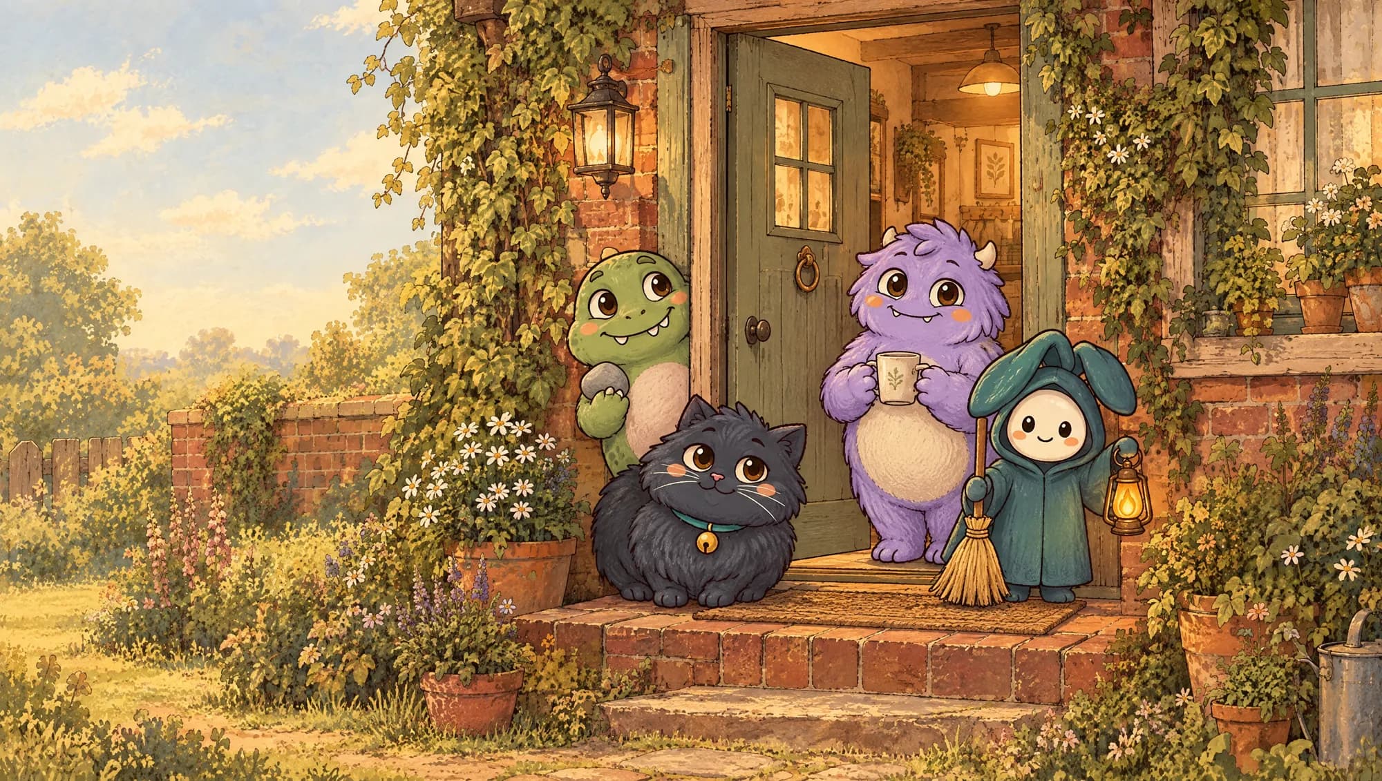 The four creatures waiting at the open front door